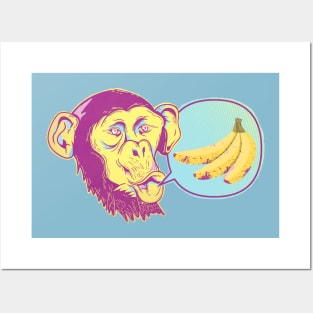 Chimpanzee with bunch of bananas Posters and Art